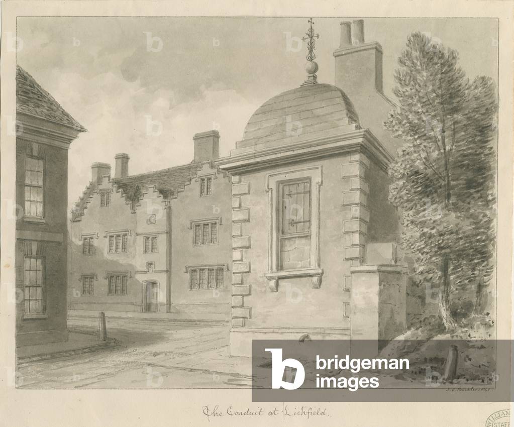 Lichfield - Minors' School and Conduit: sepia drawing by John Chessell Buckler