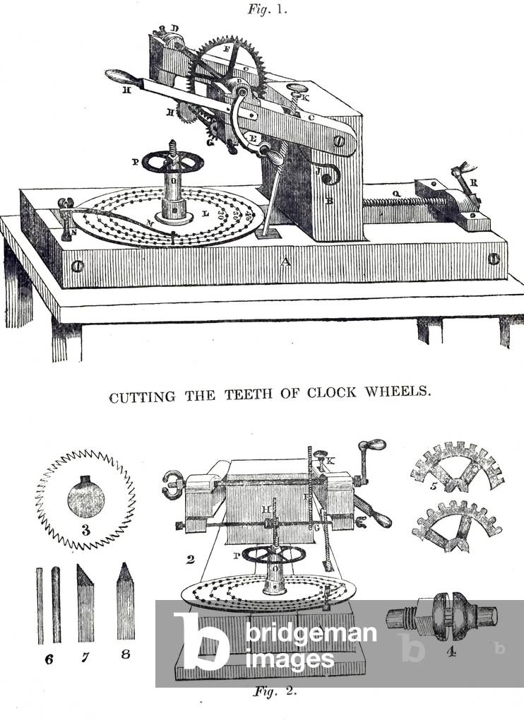 Gravure représentant un moteur utilisé pour couper les dents des roues d'horloge. La roue à découper est vissé