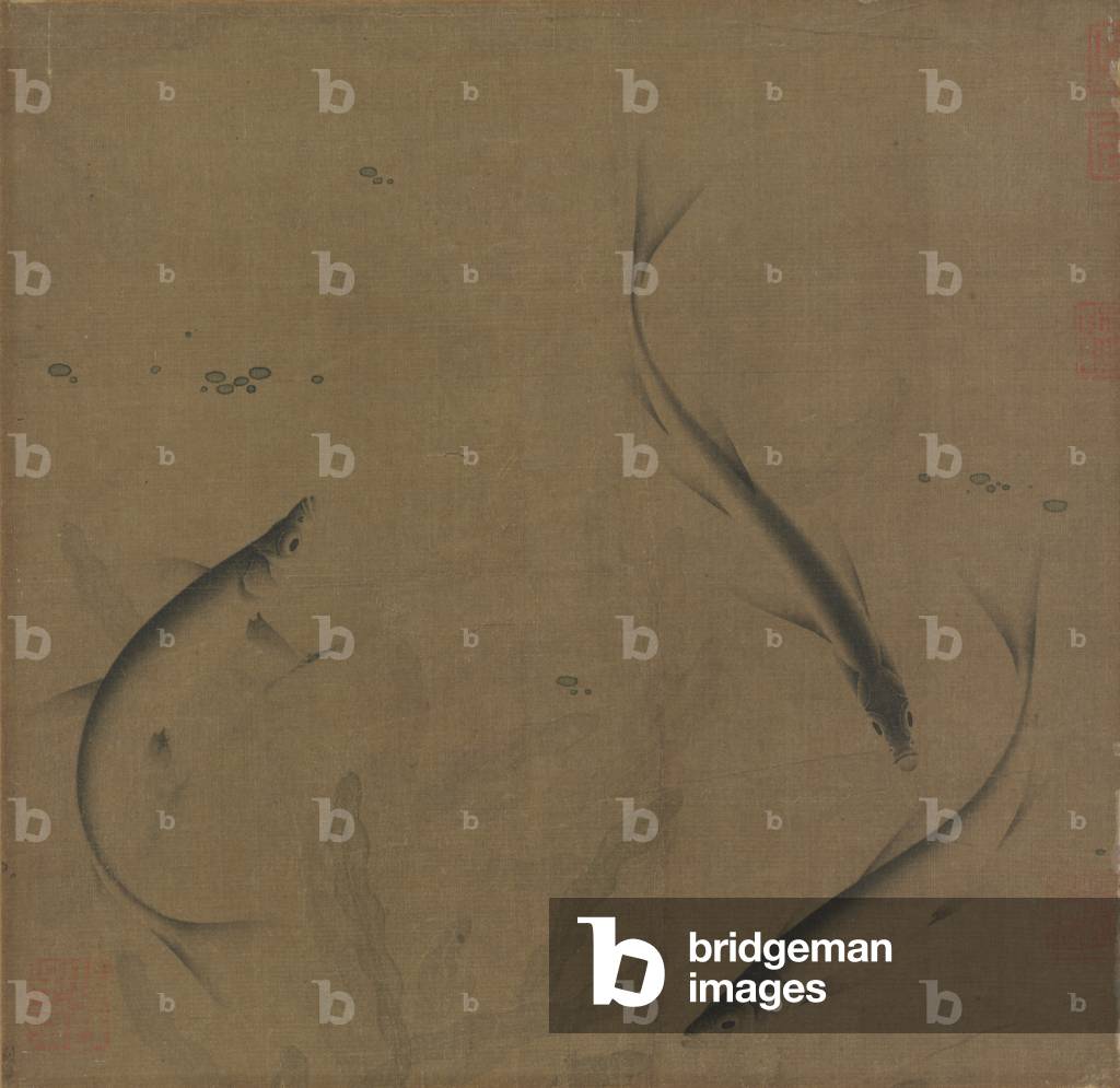 "Drei Fische (Tinte und Farbe auf Seide)" von Southern Song Dynasty Chinese School, b/w