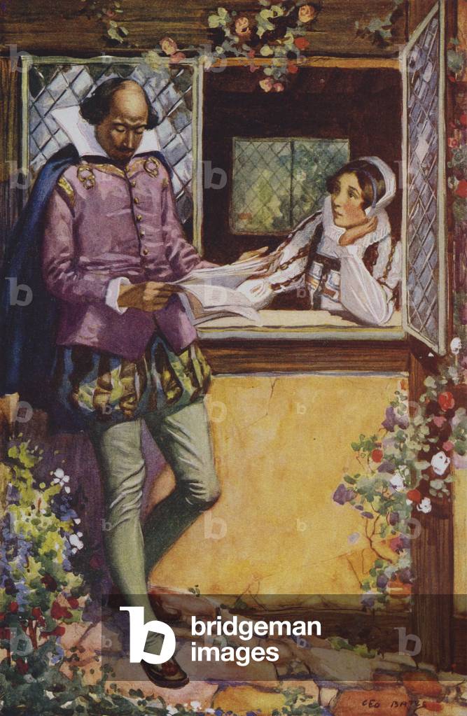 Shakespeare lisant quelques lignes à Anne Hathaway (couleur litho) par English School