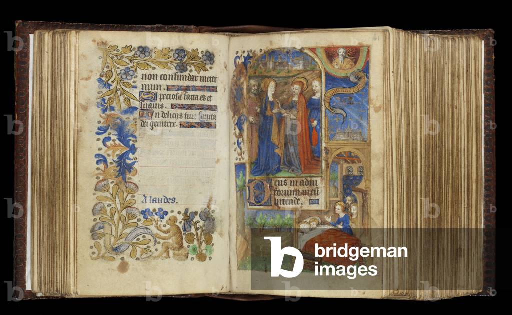MS 39-1950 f.60v-61r The Visitation (gold, silver & coloured ink on parchment)