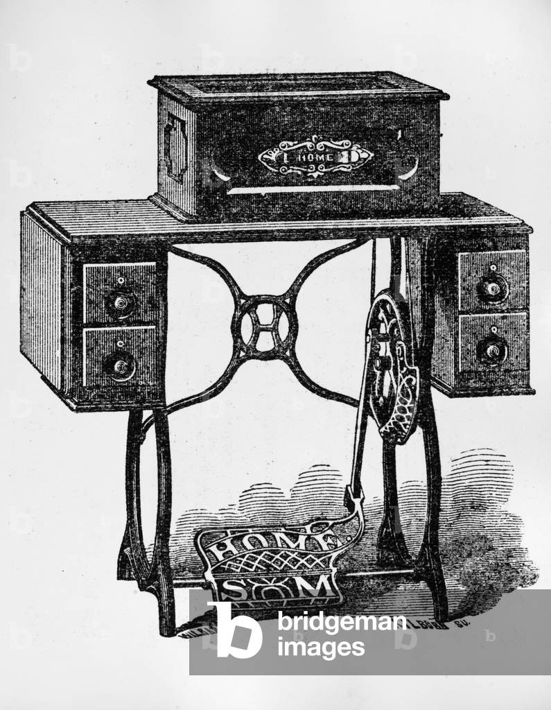 Image of SEWING MACHINE The 'New Home' sewing machine. Engraving from