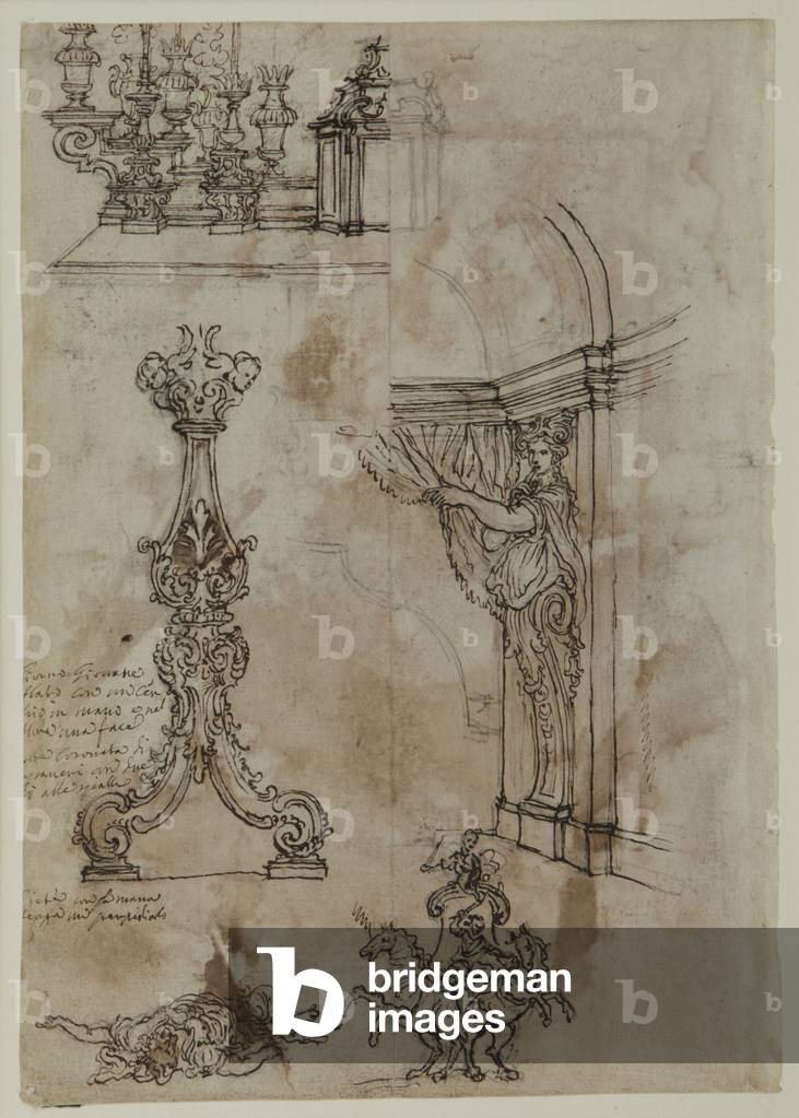 Designs for Candelabra, Candlesticks, and an Arch (black chalk with pen & brown ink on paper)