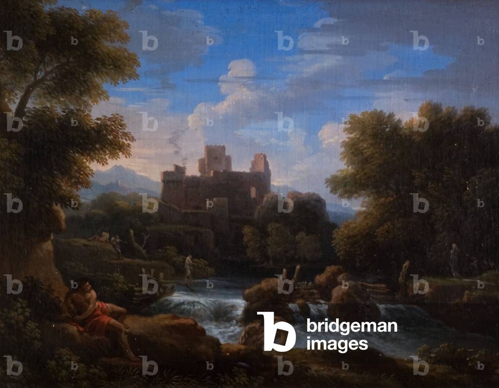 Image de Peinture représentant Un paysage fluvial avec un château en ruine et des figures au bord d'une rivièr