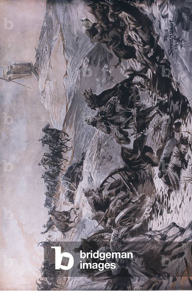 Dal fronte orientale: Artiglieria in transito sotto il fuoco nemico, illustrazione da Hindenburg pubblicata da