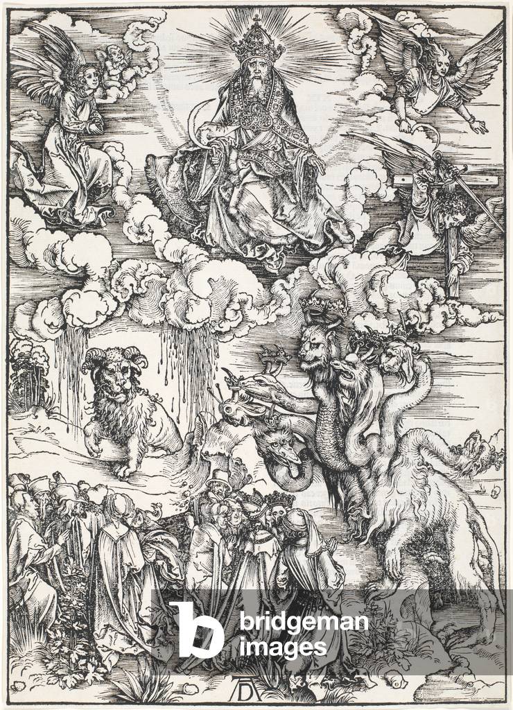 La bête à sept têtes et la bête avec les cornes d'agneau, de l'apocalypse de St. John, 1496-98 (gravure sur bo