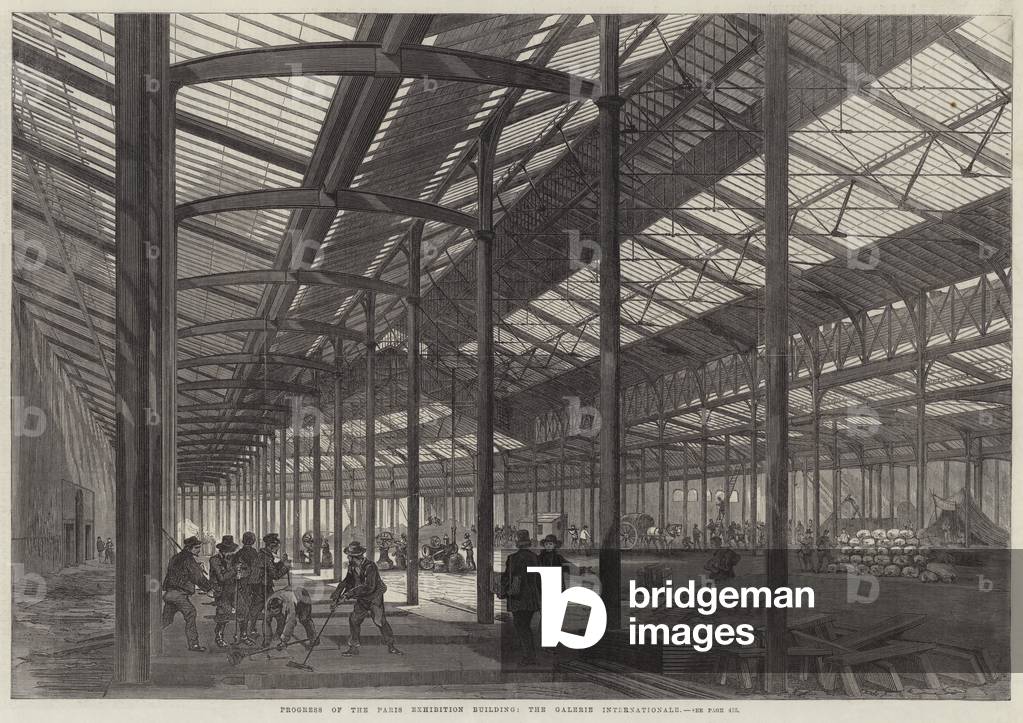 Progresso dell'edificio espositivo di Parigi, la Galerie Internationale (incisione)