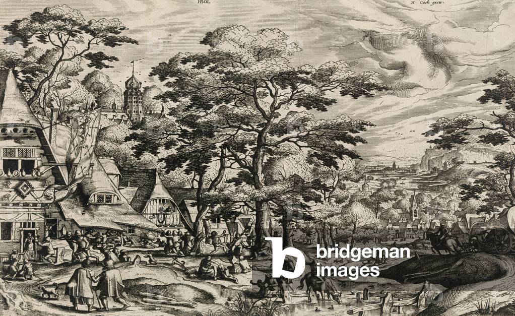 Contadino festa Prima di una locanda con una bandiera di San Sebastiano da 'Paesaggi con villaggio scenes', 15