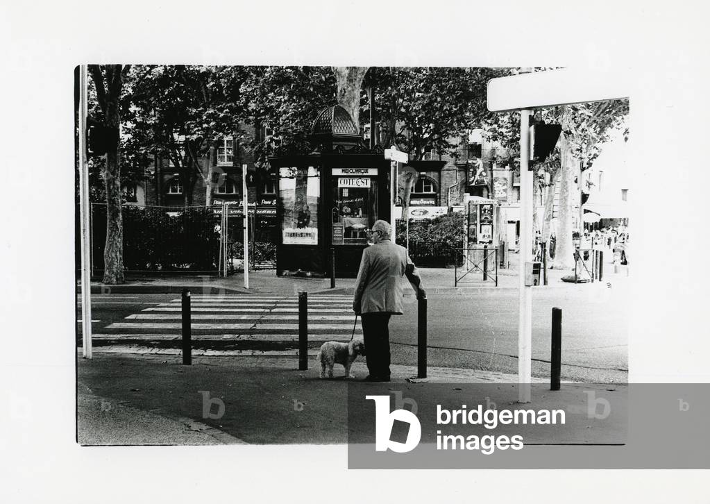 "Uomo con barboncino all'incrocio di strada" 2011 di Sallie Erichson, b/w