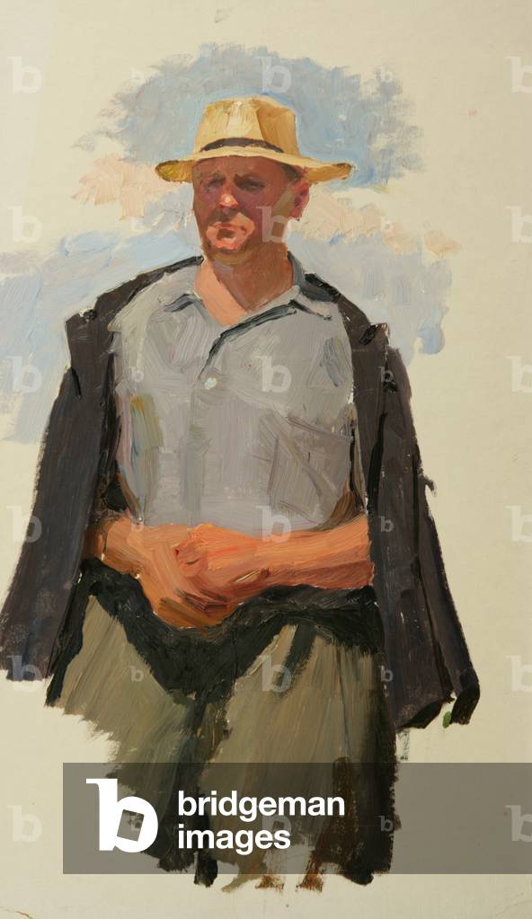 Mann in Strohhut, 1950er Jahre (Öl auf Karte)