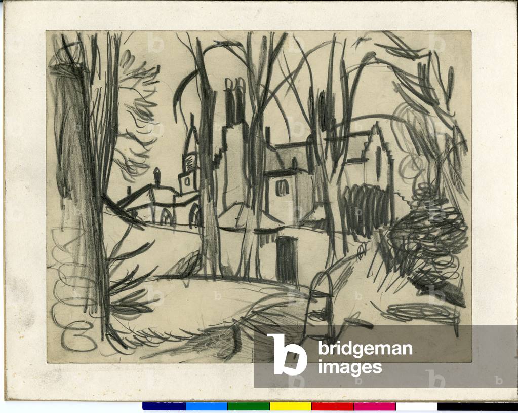 Gebäude durch Bäume gesehen, um 1920-73 (Bleistift auf Papier)