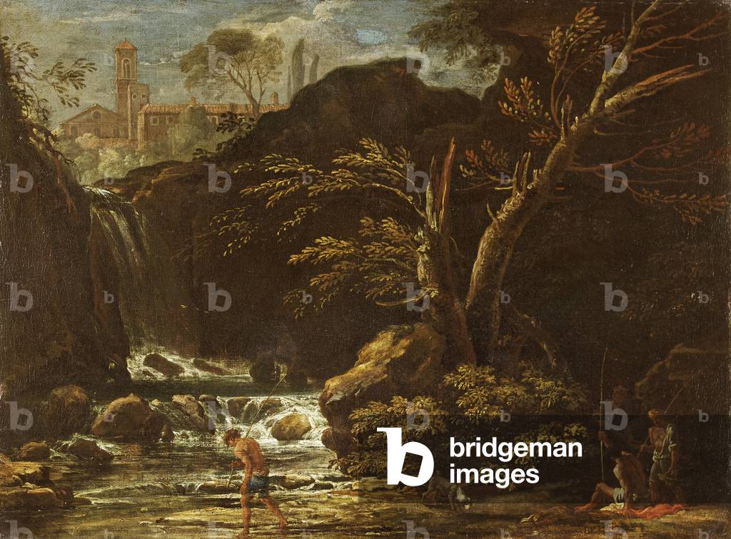 Bild von Gemälde "landschaft mit wasserfall und fischer" von Salvator Rosa