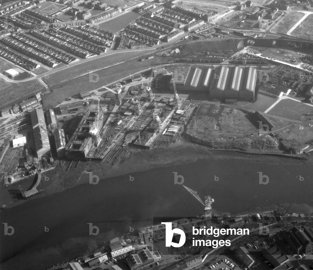 Aerial view the Southwick shipyard showing vessels under construction