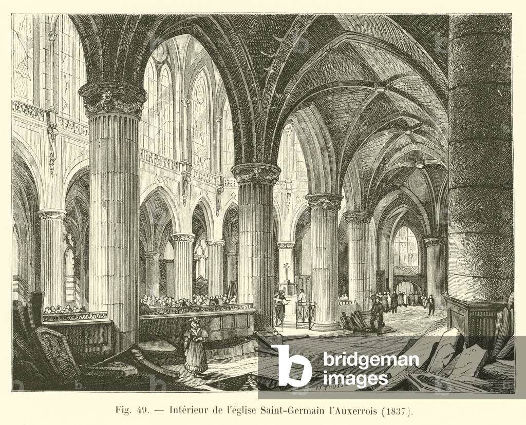 "Interieur de l'eglise Saint-Germain l'Auxerrois" 1801 di French School, b/w