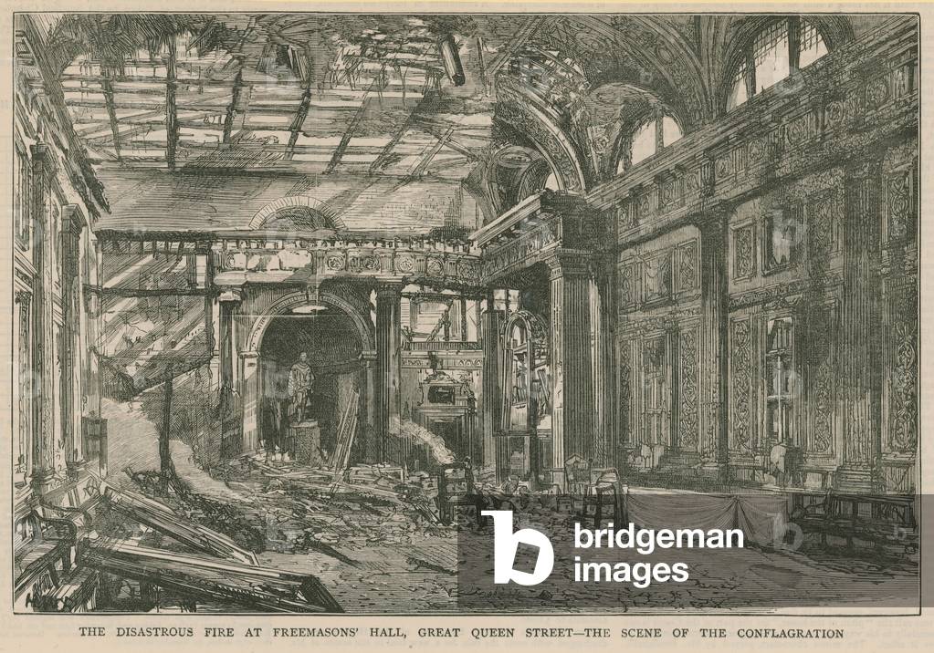The disasterous fire at Freemasons' Hall by English Artist