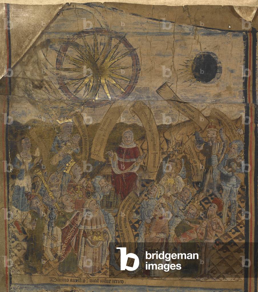 A queen holding a child. A priest and crowd of people, including knights. A symbol of the Sun and the Moon.