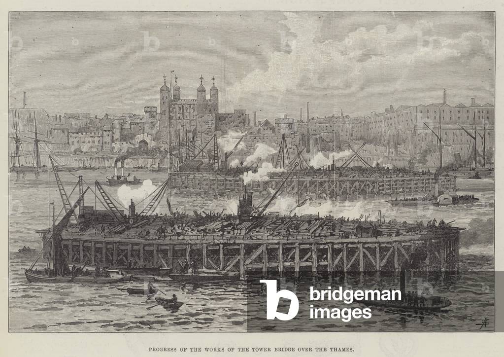 Progress of the Works of the Tower Bridge over the Thames (engraving) by English Artist