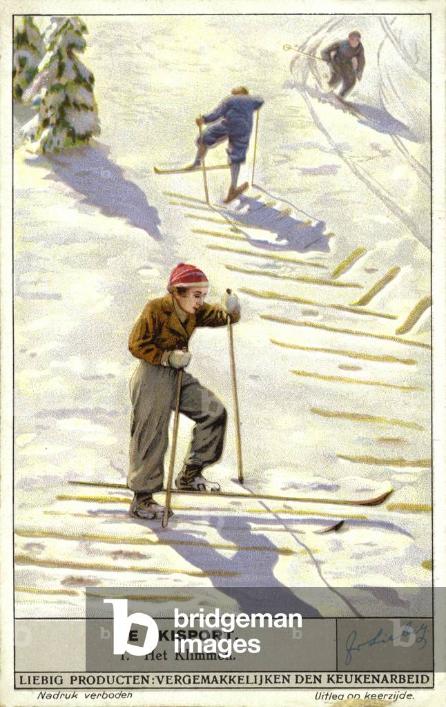 Immagine di Stampa "Sciatore arrampicata lateralmente una pendenza (chromolito)" 1900 di European School