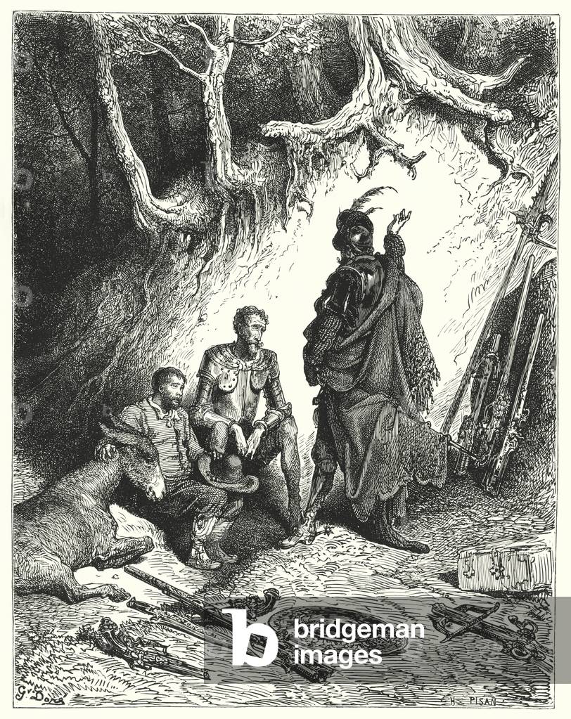 Image of Engraving depicting Gustave Dores Don Quixote: "The squires left Don Quixote by Gustave Dore