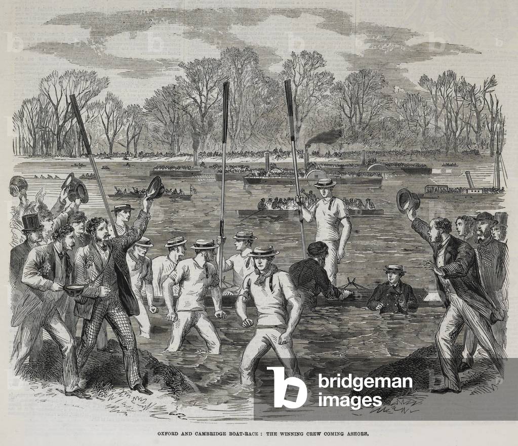 Oxford und Cambridge Bootsrennen: TEr gewinnt Crew kommen an Land '. Oxford hat gewonnen.