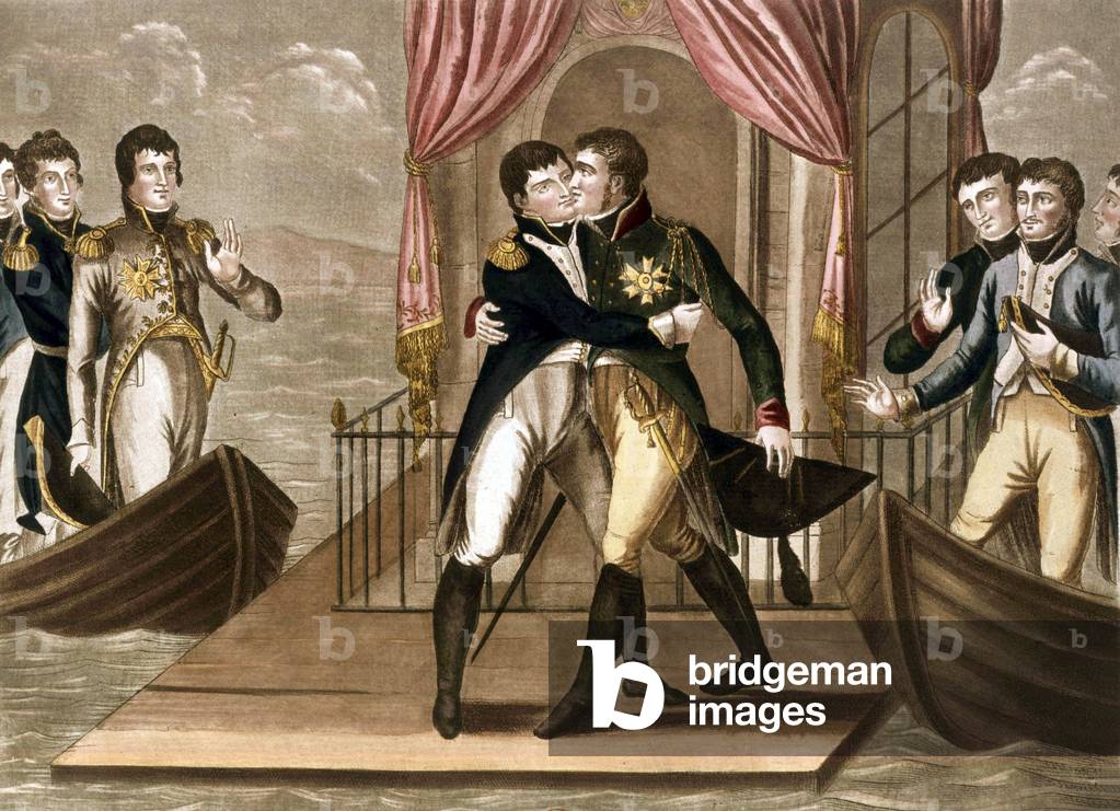 Incontro dell'imperatore francese Napoleone I e dell'imperatore Alexandre I di Russia su una zattera sul fiume