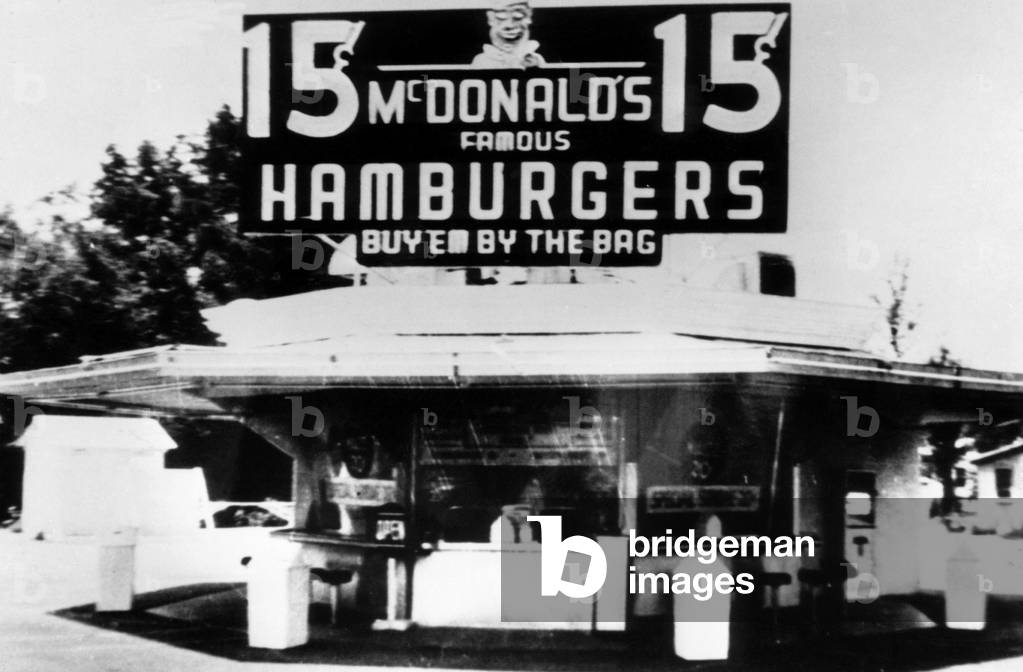 The original McDonalds restaurant, featuring a ten item menu built around a 15 cent hamburger, San Bernadino, 