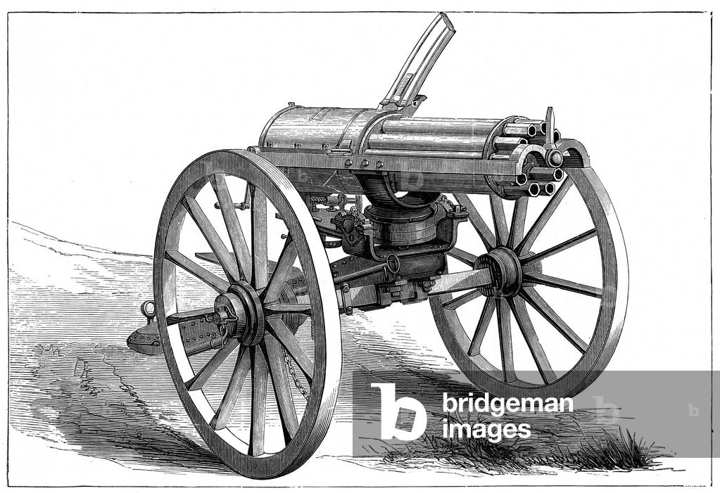 Gatling machine gun. From The Graphic, b/w