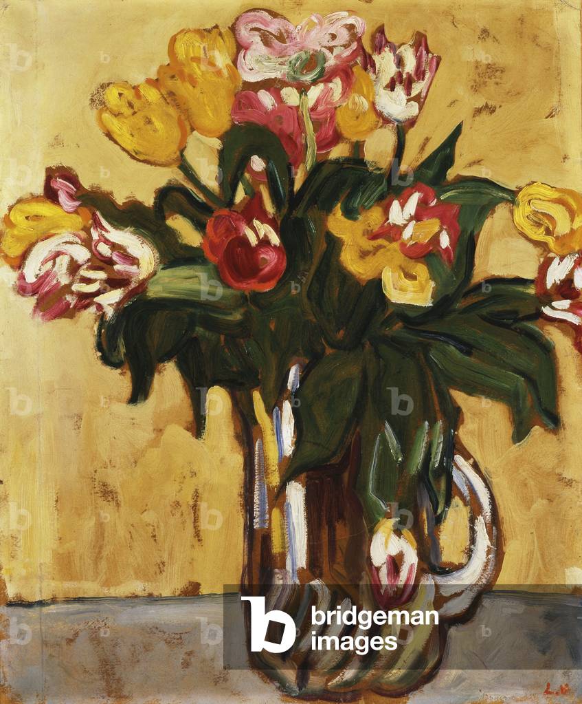 Tulipani in una brocca di vetro, 1910 (olio su carta stabilito su tela)