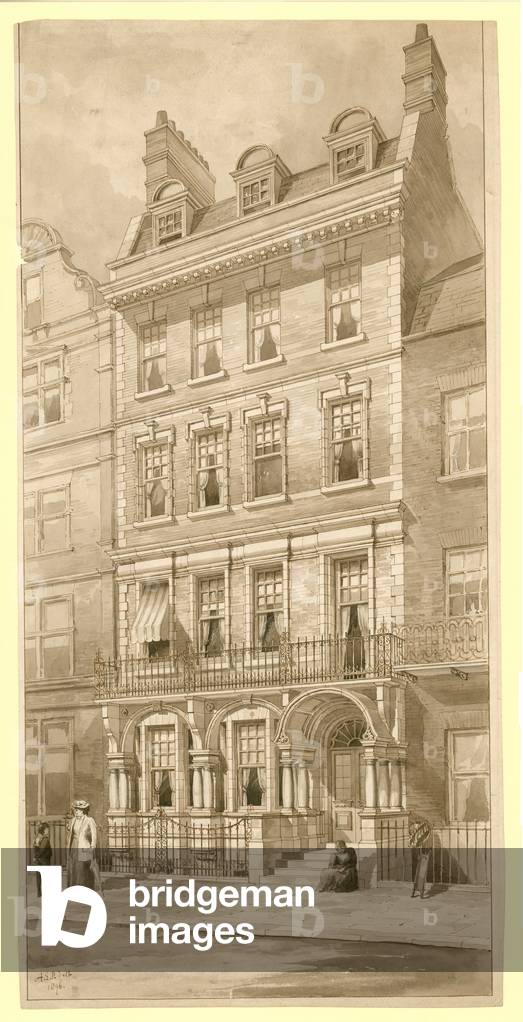 Bild von Zeichnung "Letztes Haus in der Ecke von Bedford Square und Adeline Street" von English School, b/w