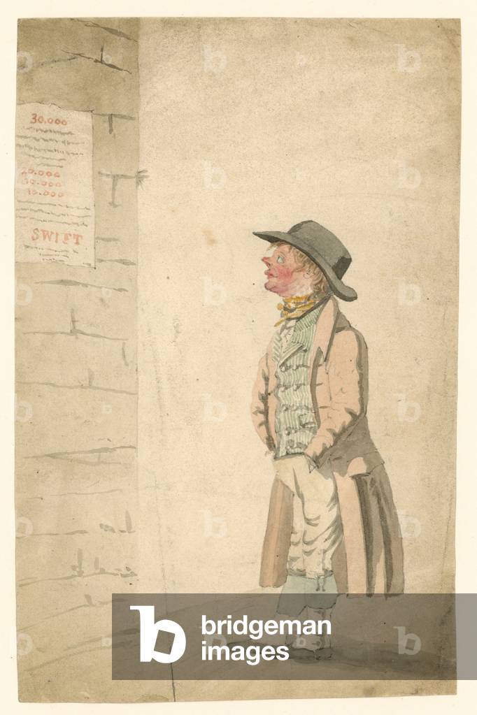 Guardando l'annuncio della lotteria (w/c su carta)