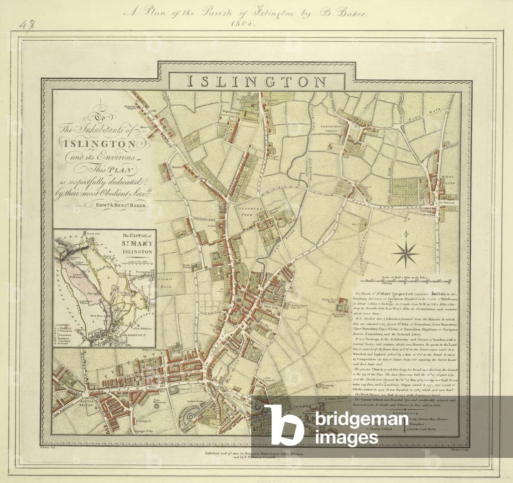Map of the borough of Islington with inset plan of the parish of St Mary's on the left of the plate and note g