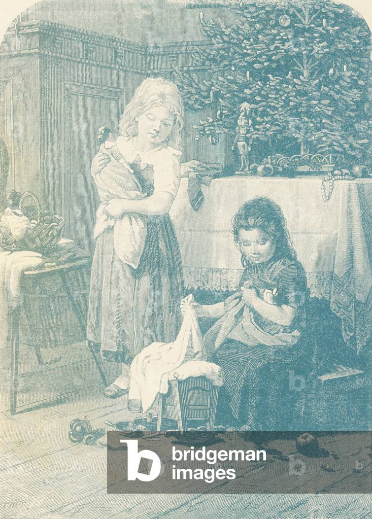 38: Blanche und Denise liegen in der Wiege ihrer Puppen, um die Lektion des Alphabets zu studieren