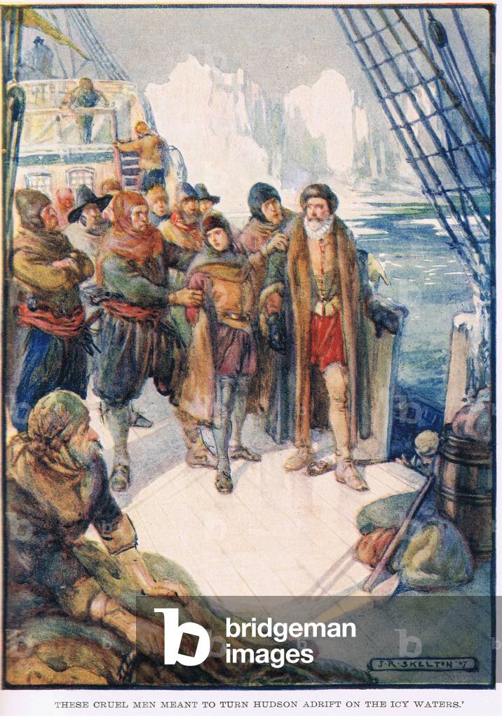 Those cruel men mean't to set Hudson adrift on the icy water (colour litho) by Joseph Ratcliffe Skelton