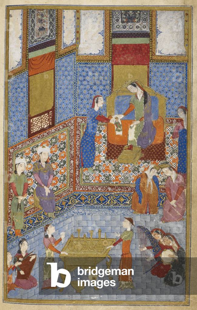 Nushabah erkennt Iskandar an seinem Porträt. Ein Miniaturbild, das eine Episode aus Nizamis Gedicht Iskandarna