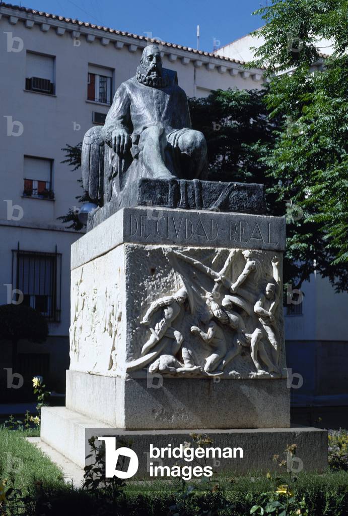 "Miguel de Cervantes (1547-1616). Spanischer Schriftsteller. Denkmal von Felipe Garcia Coronado (1902-1937)."