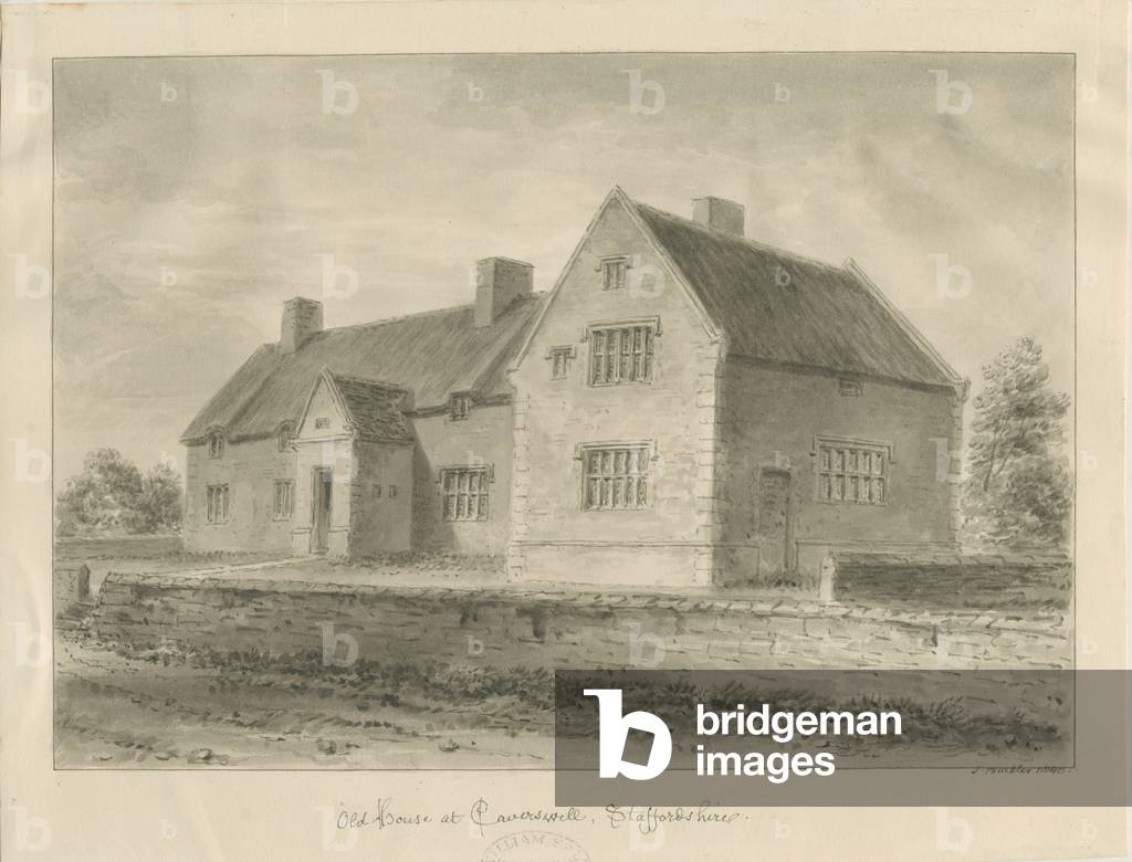 Caverswall Village - Vecchie case: disegno di seppia, 1840 (disegno)