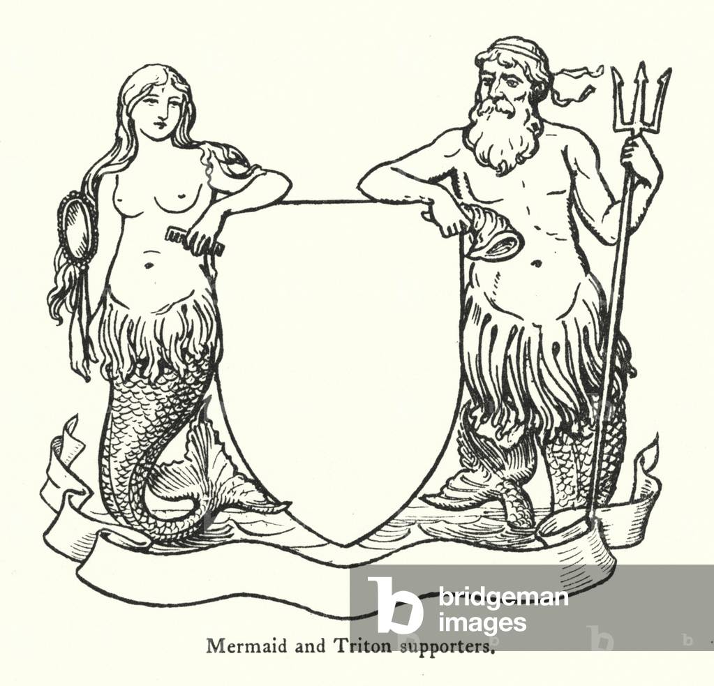 "Meerjungfrau und Triton Anhänger (Gravur)" von English School, b/w