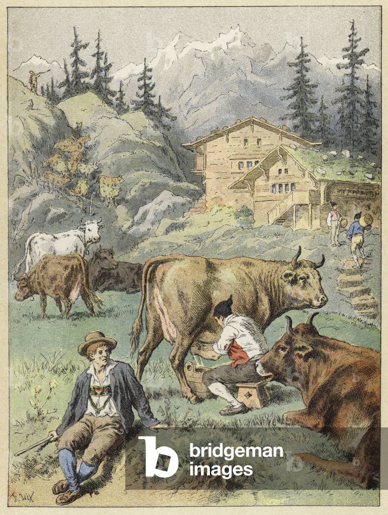 Immagine di Incisione "Mungitura serale vicino agli chalet (incisione colorata)" 1801 di French School