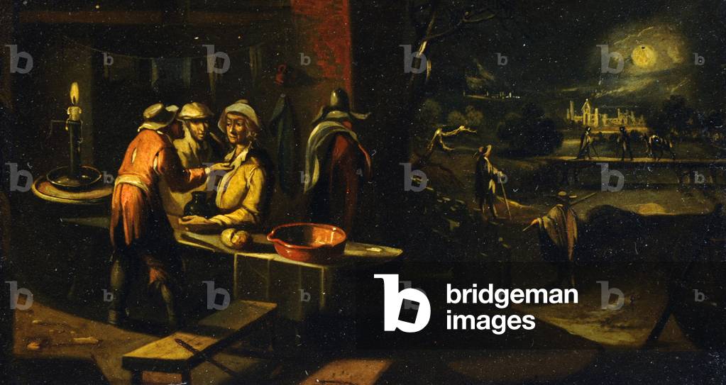 Tre figure che conversano in un castello illuminato dalla luna