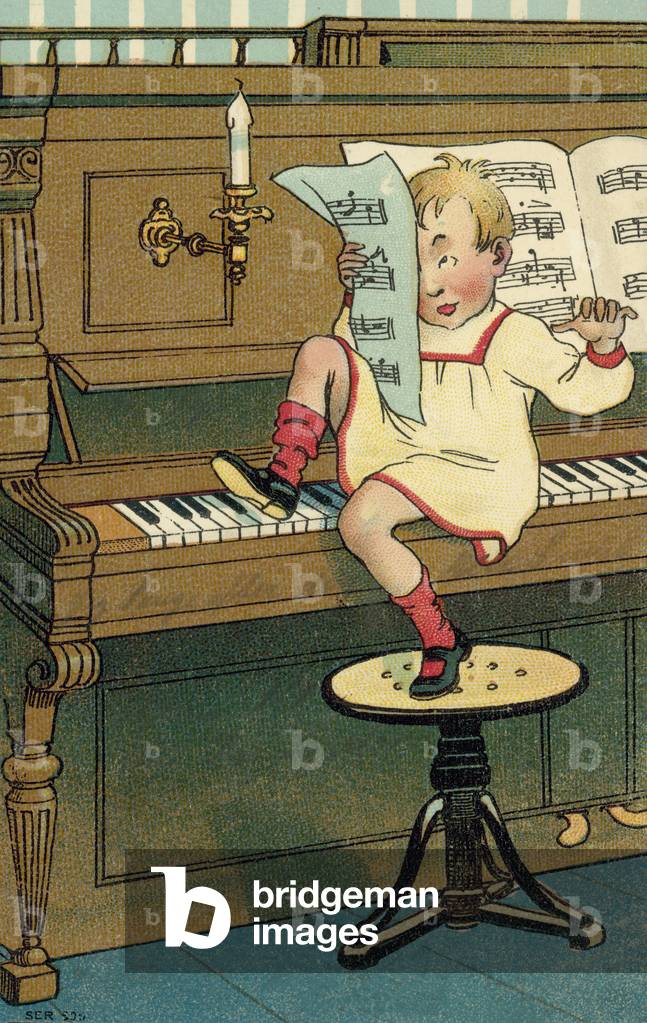 Ragazzo che suona il pianoforte con i tacchi (litografia a colori)