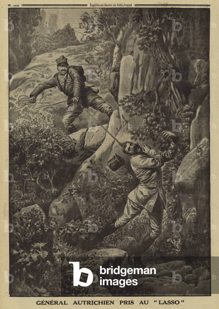 Italienischer Soldat mit einem Lasso, um einen österreichischen General zu erfassen, Erster Weltkrieg, 1915 (L