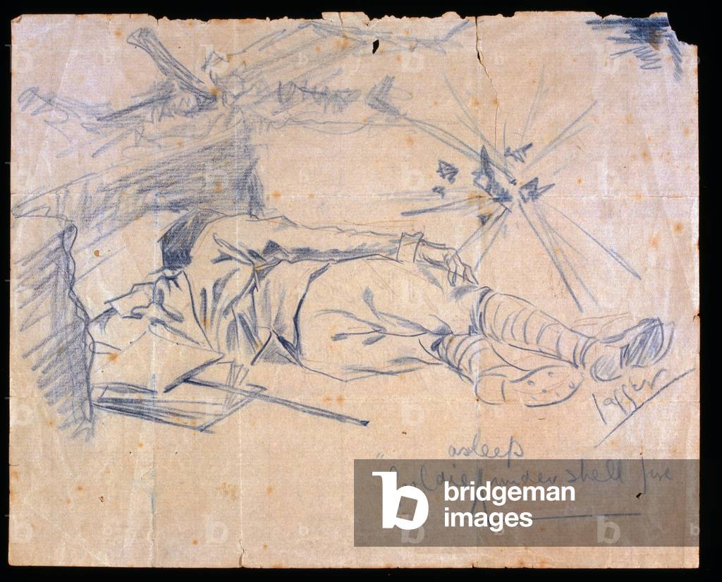 Tenente Leslie Gooldie addormentato sotto il fuoco del guscio, 1915 (matita)