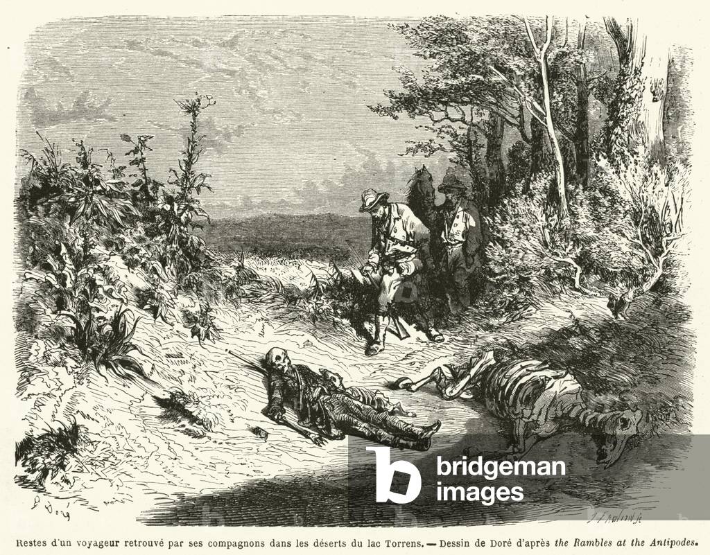 Restes d'un voyageur retrouve par ses compagnons dans les deserts du lac Torrens (Gravur)