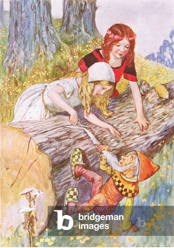 Sehr sorgfältig schnitt sie den weichen weißen Bart (aus der Geschichte Schneewittchen und Rosenrot), Illustra