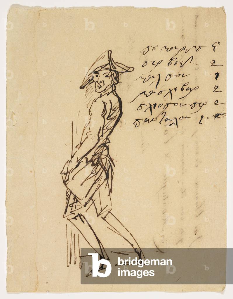 Bild von Zeichnung "Karikatur eines jungen Soldaten", 1809 von French School, b/w