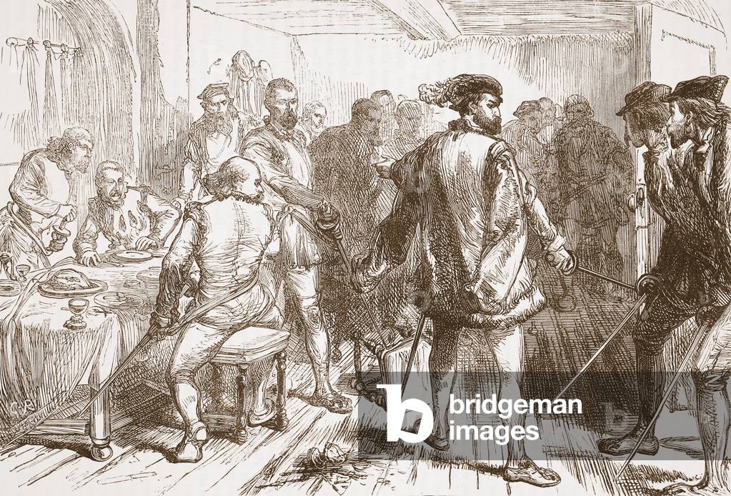 Mouchares' band attaccando i protestanti al Hostelry nel Faubourg St. Germain, illustrazione da 'The History o