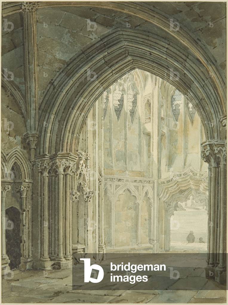 Bild von Zeichnung "Innenraum der nördlichen Veranda von St. Mary Redcliffe" 1824 von Frederick Mackenzie, b/w