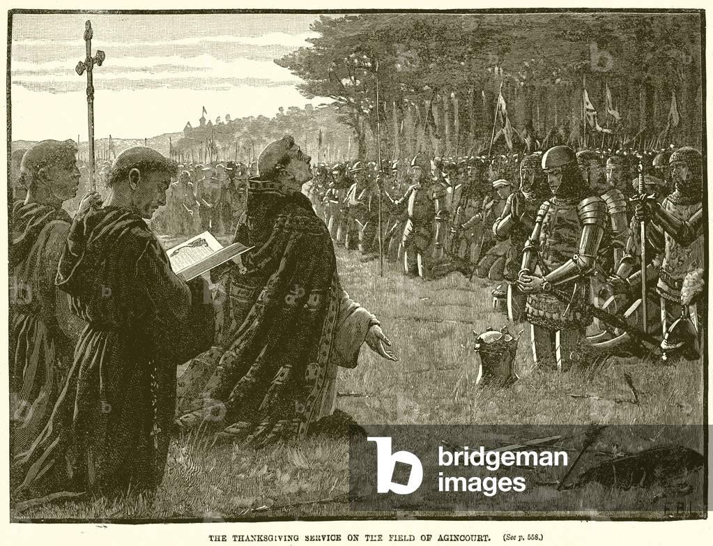 "il Ringraziamento servizio sul campo di agincourt (incisione)" di English School, b/w