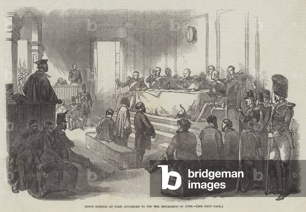 "Corte Marziale a Parigi nominato per processare i ribelli di giugno (incisione)" 1848 di English School