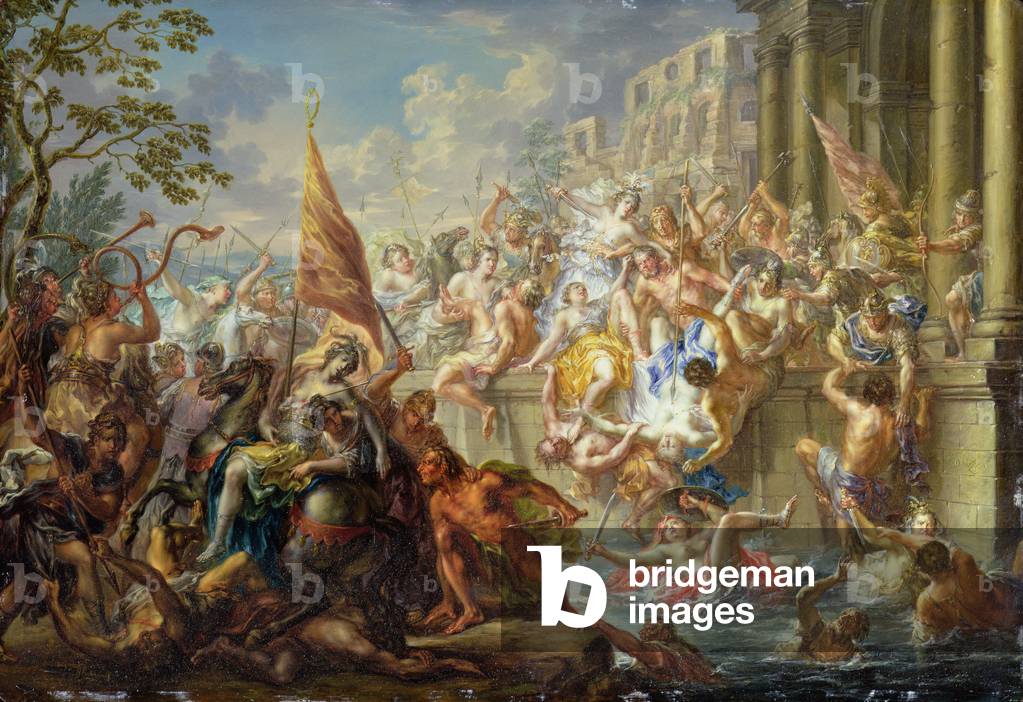 Die Schlacht der Amazonen, um 1730 (Öl auf Kupfer)